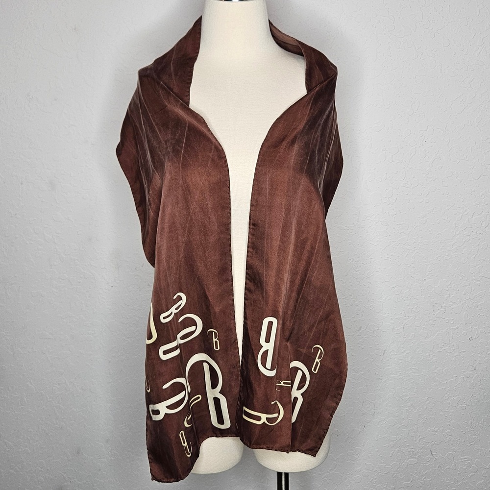 Brown Monogram B Logo Print Lightweight Silky Rectangular Scarf Wrap Brown Cream